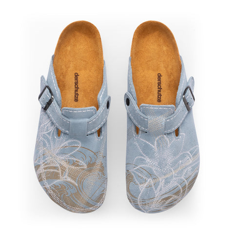 "summer break" clogs sky blue